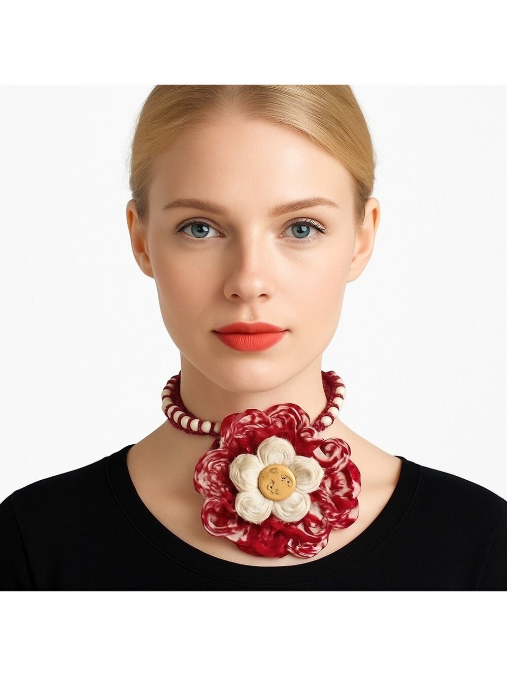 Handmade Crochet Red and White Necklace Upcycled White Beads Floral Acrylic Yarn